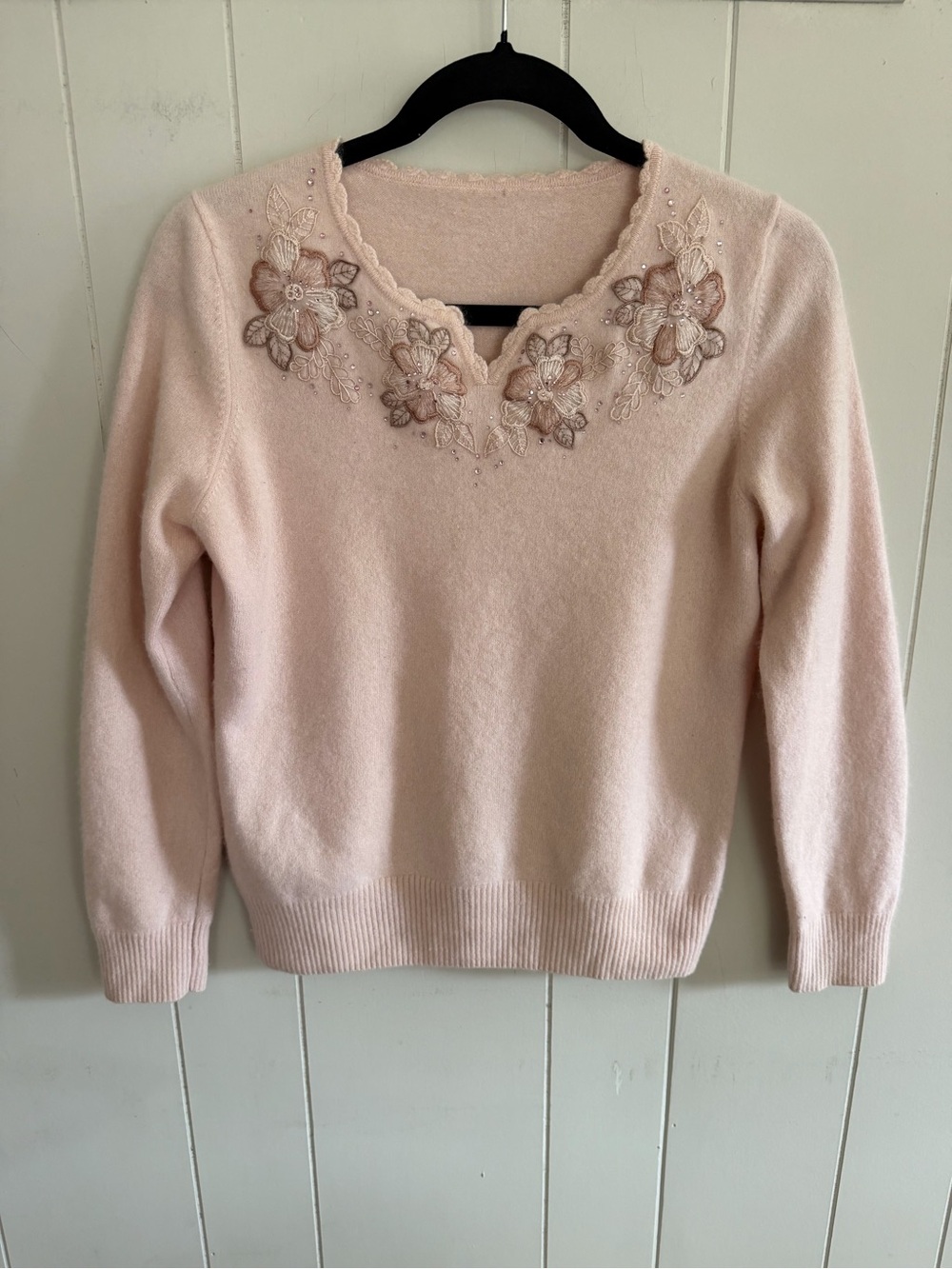 Vintage Cashmere Sweater Pink Embroidery Rhinestones Small Coquette Soft Girl